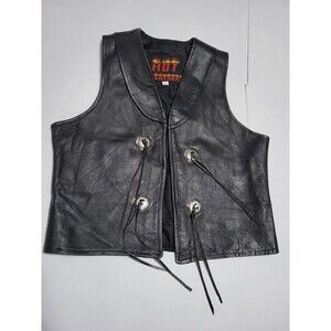 (#AA)Vintage Hot Leathers Y2k Fringe Black Leather Women Motorcycle Vest Medium